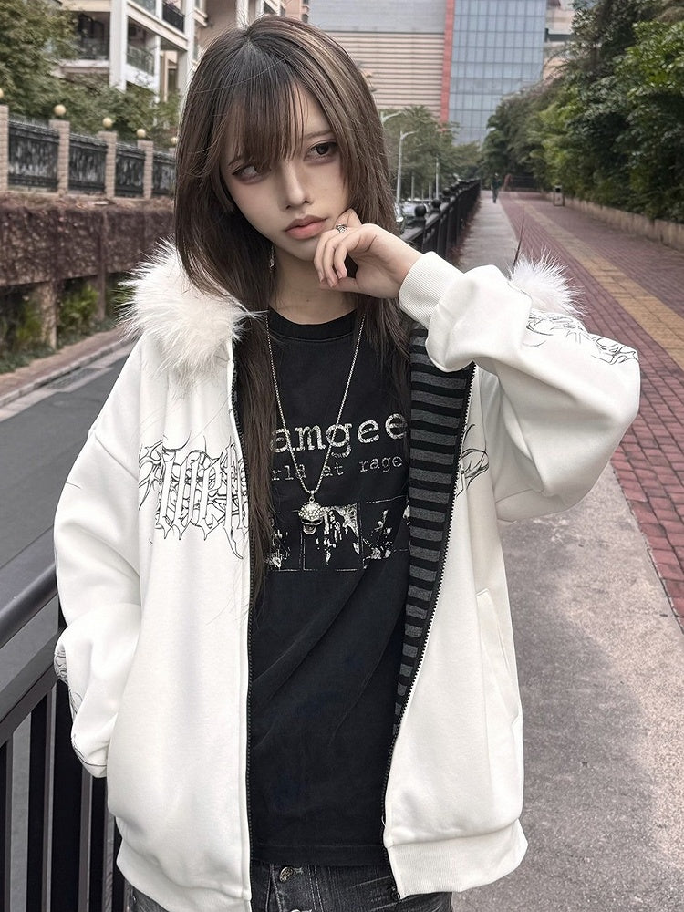 White Y2K Spring Hooded Jacket with Detachable Fur Collar and Black Floral - Alita26SS