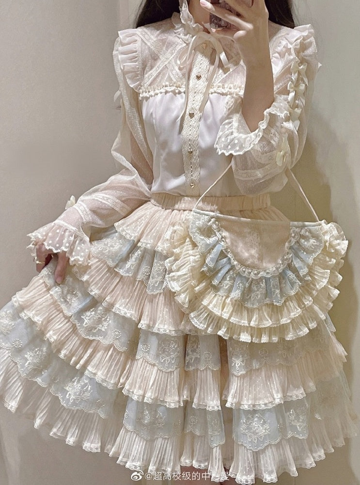 Details with Tulle Flower Multi-Layered Blue Lolita Beige Elegant Skirt Embroidery