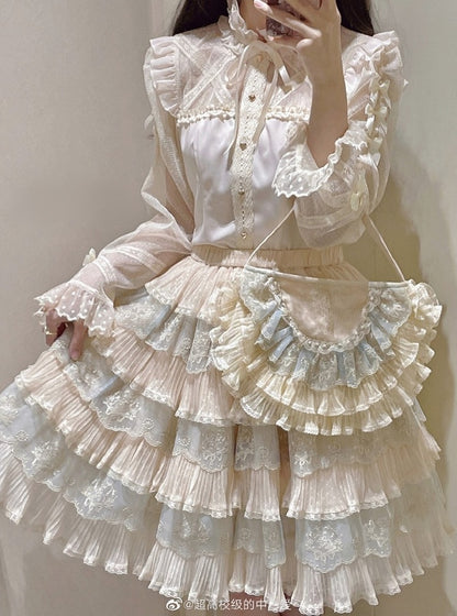Details with Tulle Flower Multi-Layered Blue Lolita Beige Elegant Skirt Embroidery