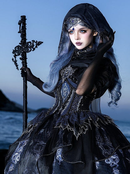 Black & Blue Bone Dragon Embroidery Halter Neck Gothic Lolita Dress Set - Ying Luo Fu