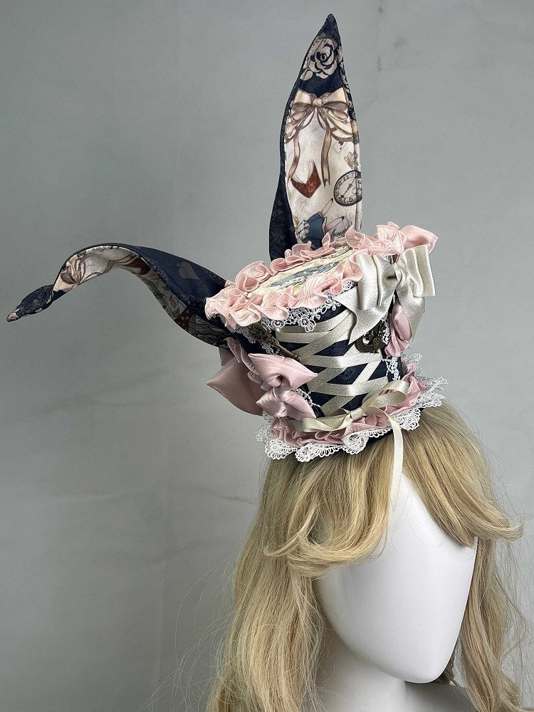 Beige/Navy Lolita Mini Hat with Bunny Ears & Lace - Rosede Cheese