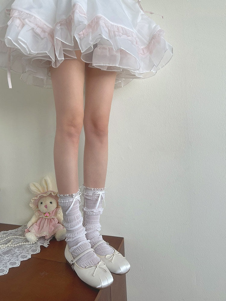 Socks Ruffled Lace Details Bowknot White/Black Tulle