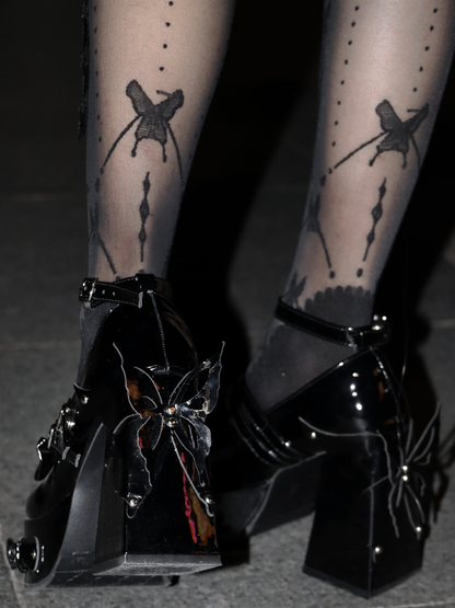 Black Bowknot Stud Butterfly Platform High Block Heels Lolita Shoes