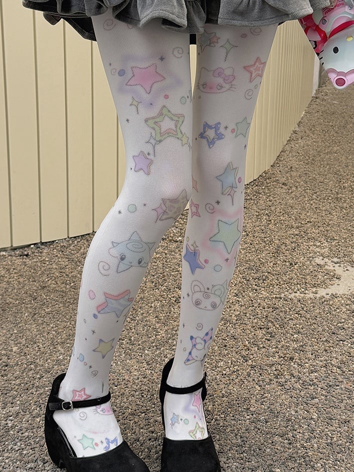 White Sweet Star Print Tights - Kawaii Cute Legwear