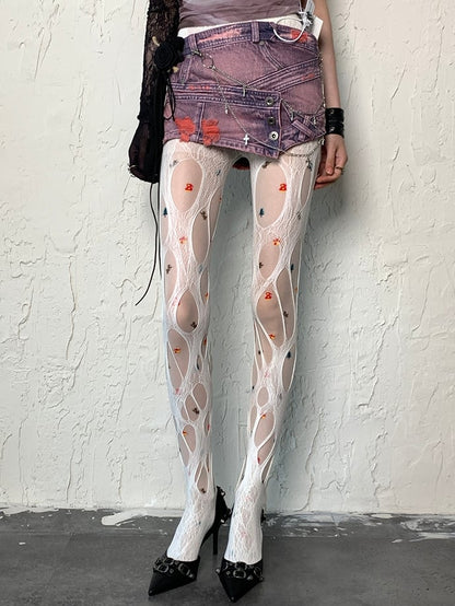 Print Design White Y2K Tights Christmas