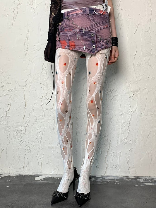 Print Design White Y2K Tights Christmas
