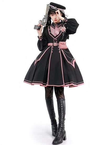 Pink with Military and Design Belt V-neck Lolita Black Ruffled Dress Details Buttons