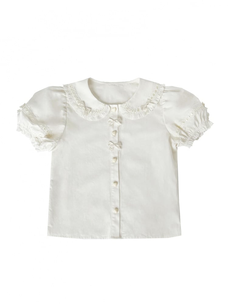 ホワイトパフスリーブスイートロリータブラウスハートボタン