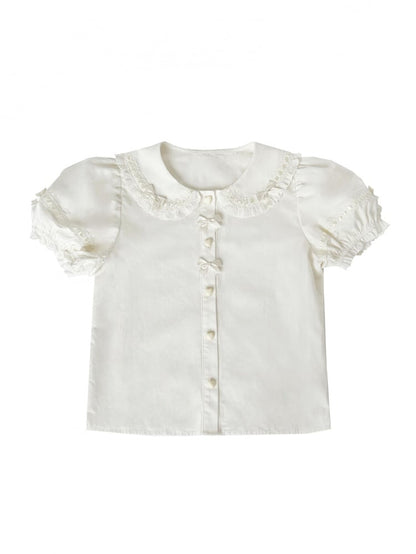 ホワイトパフスリーブスイートロリータブラウスハートボタン