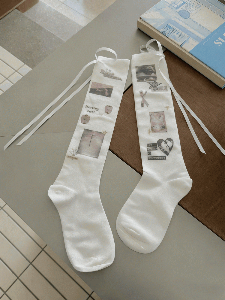 Lolita Print Socks Bow Calf