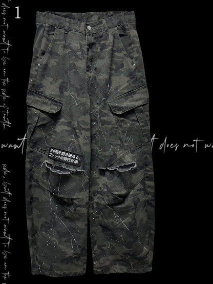 Wide-Leg Cargo Army Green Pattern Pants Camo