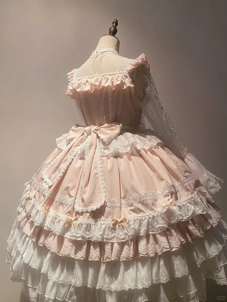 Accents Layered Light Hime Sleeves Ruffle Pink White Dress Lolita Bow with Bell