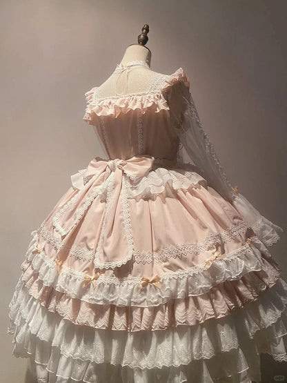 Accents Layered Light Hime Sleeves Ruffle Pink White Dress Lolita Bow with Bell