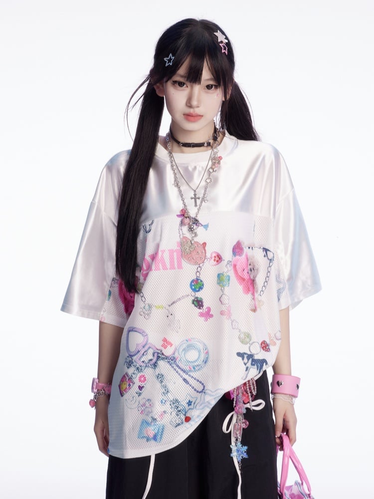 Weißes, lockeres T-Shirt mit Rundhalsausschnitt und Cartoon-Print