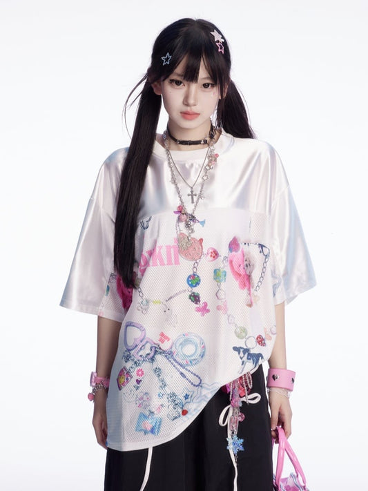 Weißes, lockeres T-Shirt mit Rundhalsausschnitt und Cartoon-Print