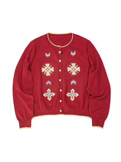 Red Embroidered Pattern Elegant Lolita Knit Cardigan - Crucis Universal Tailor Company