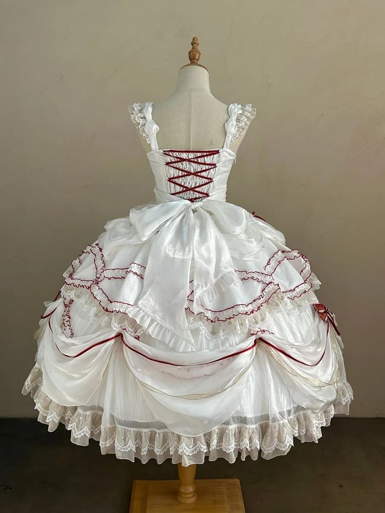 Cake Dress Lolita Embroidered Red White Cherry Hime with Bows Ruffled Multi-Layered