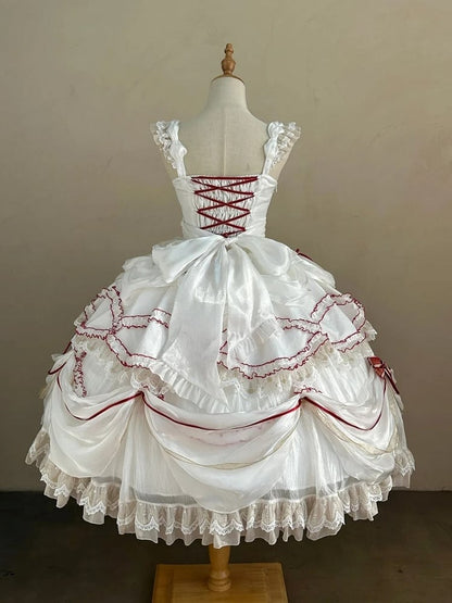 Cake Dress Lolita Embroidered Red White Cherry Hime with Bows Ruffled Multi-Layered