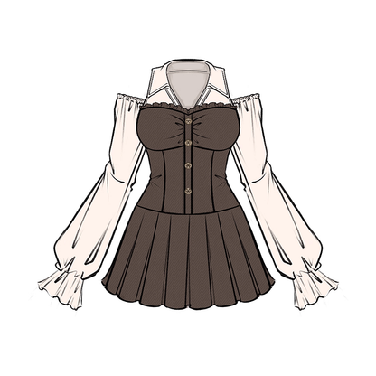 Bishop Dress Pleated Cutout Shoulder and Skirt / Sleeves Plus Size Black Brown with