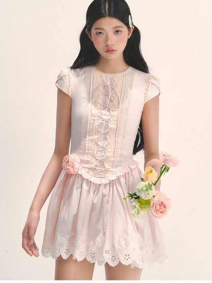 Detail Lace-up with Design Flower Cutout Tie Princess Front Pink Dress