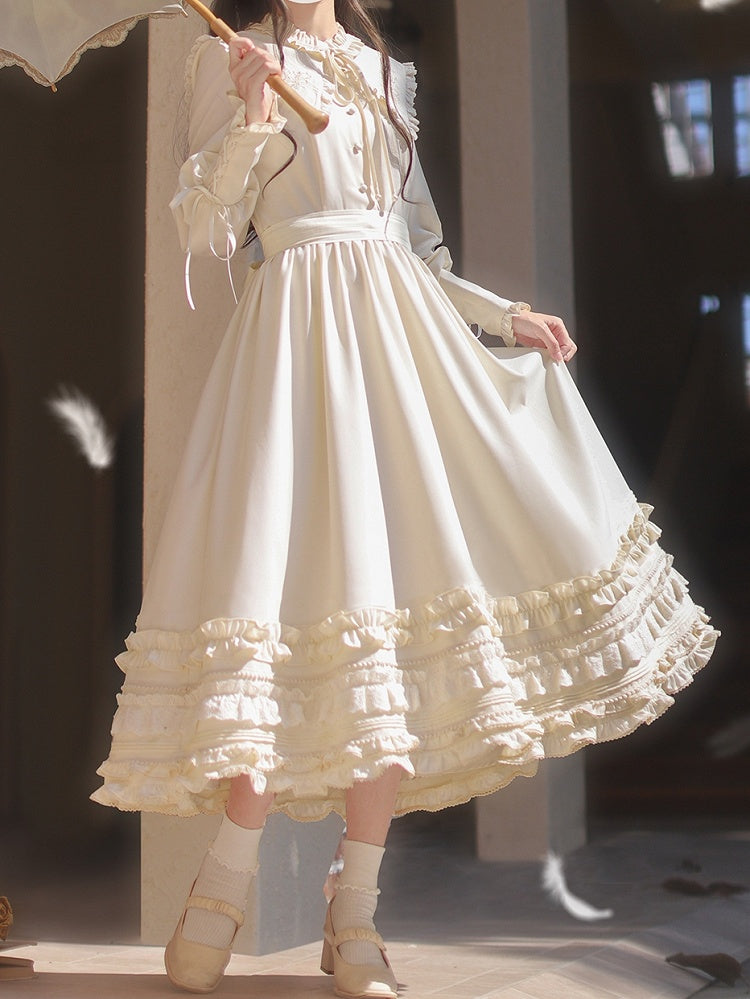 with Floral Cuffs Leg-of-Mutton Collar Vintage Sleeves Apricot Dress Lace-up Embroidery