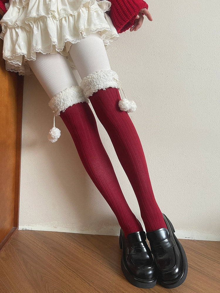 Stockings Cuff Pom-Pom Fluffy with Ribbed Details