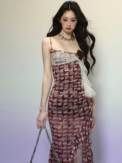 Red Plaid Thigh-high Slit Flounce Hem Summer Cami Dress
