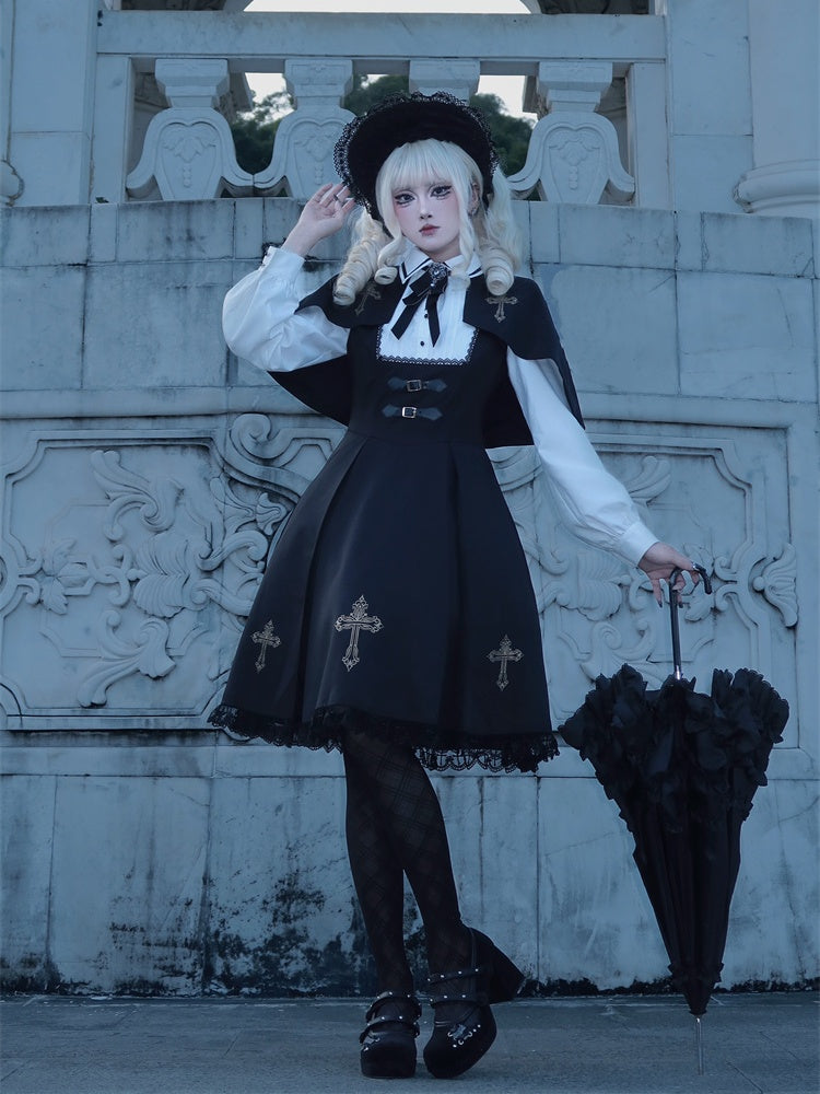 Black & Gold Cross Print Cape Design Gothic Dress Nun Lolita OP