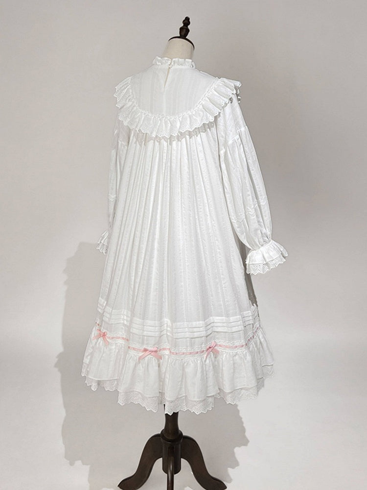 White & Pink Lace Lolita Dress with Bow - Tan Tuan