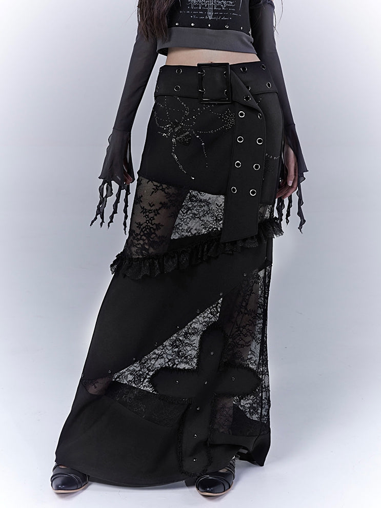 with Waist Lace Patches Cross Punk Belt Applique Buckle Skirt Black Low