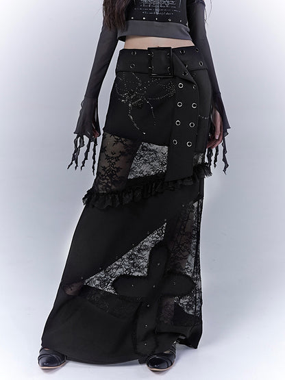 with Waist Lace Patches Cross Punk Belt Applique Buckle Skirt Black Low