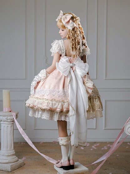 Jumper and Bead Pink Dress Skirt Bow Accents Set Full Princess Jacquard Lolita