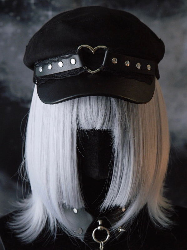 Heart Hat Gothic Lace Trim Details Black Beret Studs Ring