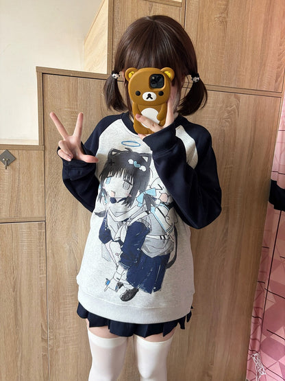 White Colorblock Sweatshirt Crew Cartoon Design Neck Girl with Print