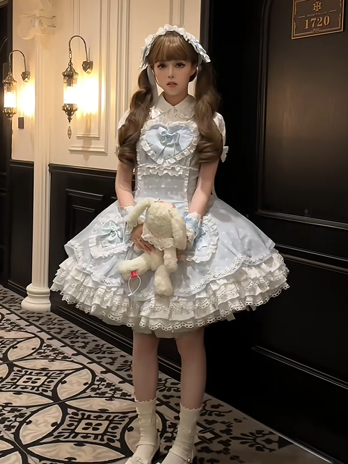 Motifs Blue and White Sweet Heart Dress Bows Lace-Trimmed Lolita with