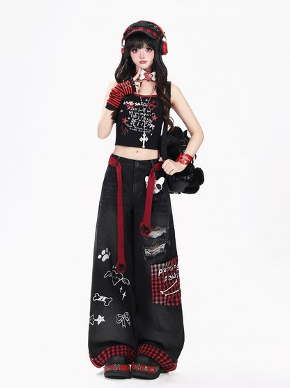 Distressed Straight-Leg Plaid Jeans with Embroidery and Belt - CRAZY GIRL
