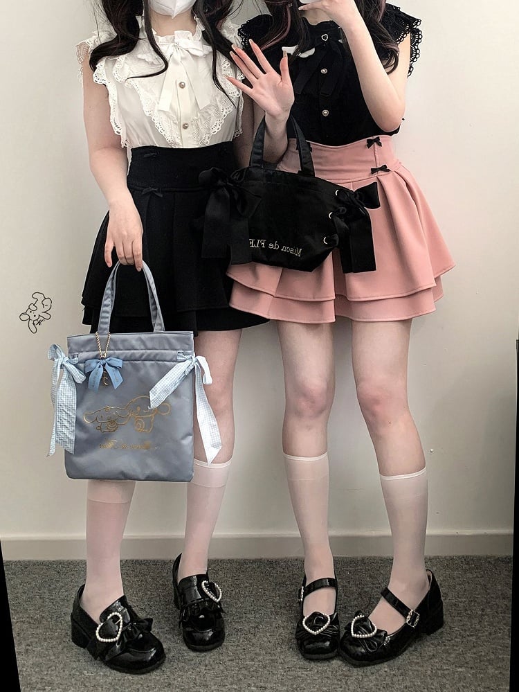 Sleeves Bow Kei and Flutter with Tie Jirai Heart-shaped Trim Blouse Black/White Winged Lace