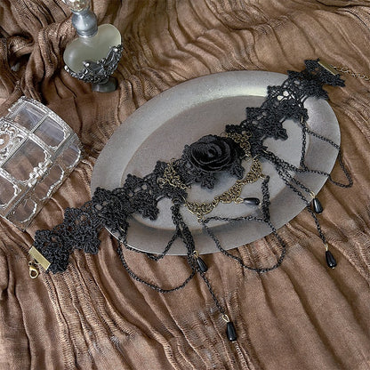 Black Lace Rosette Choker with Triple Layered Chains