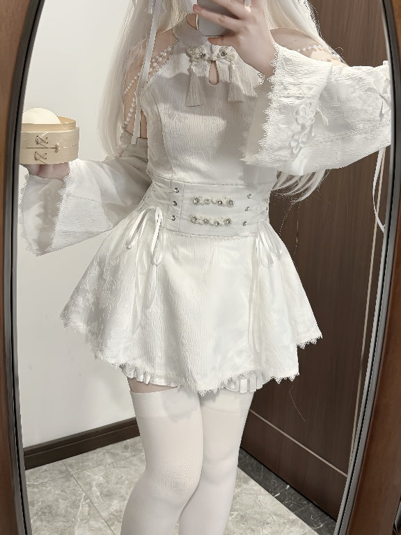 Jirai Kei White Jacquard Cheongsam with Set Detacable Collar Waist Chain+Lace-up Top Beaded Shorts