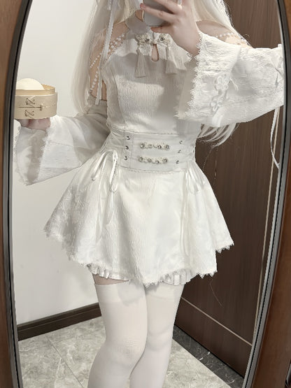 Jirai Kei White Jacquard Cheongsam with Set Detacable Collar Waist Chain+Lace-up Top Beaded Shorts