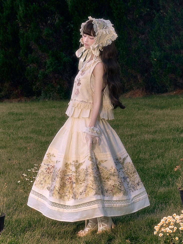 Cottagecore Beige Floral Embroidered Vest with Ruffle & Lace - Yimu Walnut