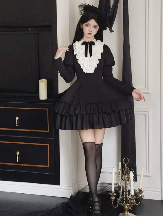 White Ruffles Bodice Black Long Juliette Sleeves Lolita Slimming Dress