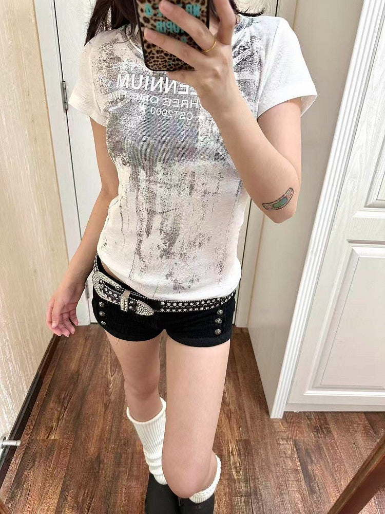 Distressed White Crew Neck Short Tee with Letter Print - DETW OnLine