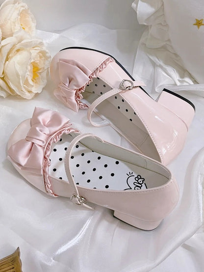 Toe Mid-heel Round Mary Sweet Heart Buckle Top Trim at PU Bow Leather Ruffles with Janes