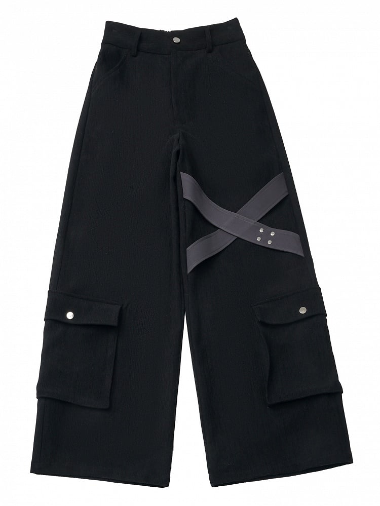 Straight-leg Embellishments Black Straps Cargo Crisscross Pants with Stud - Pockets