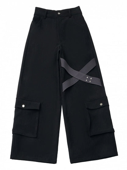 Straight-leg Embellishments Black Straps Cargo Crisscross Pants with Stud - Pockets
