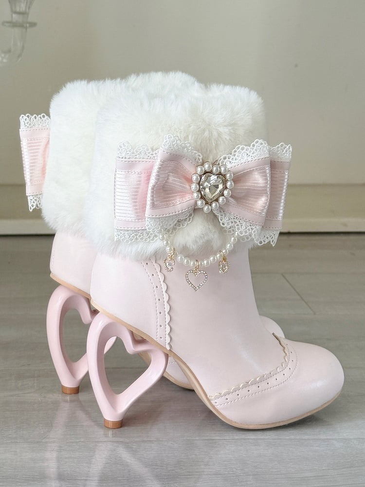 Sakura Pink Plush Boots - Cuff Heel Heart