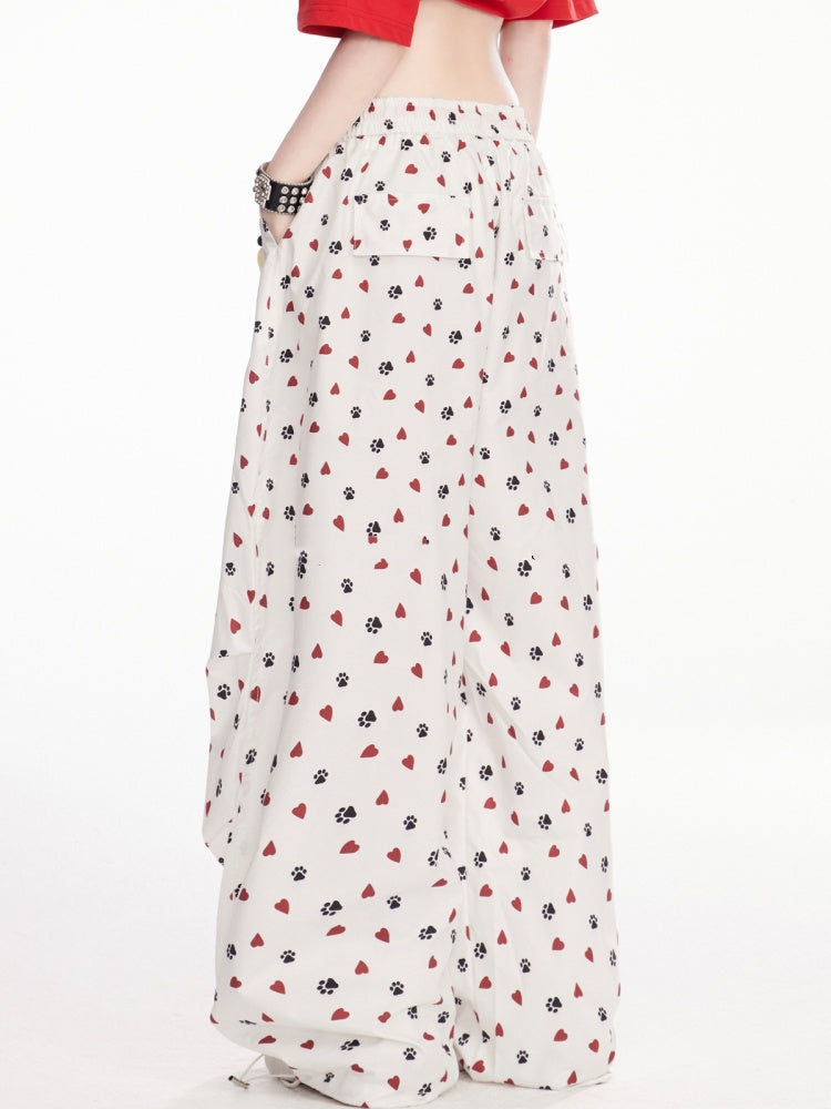 mit Charm Weiß Allover Paw Print Kordelzug Bündchen Weite Bein Hose Gratis