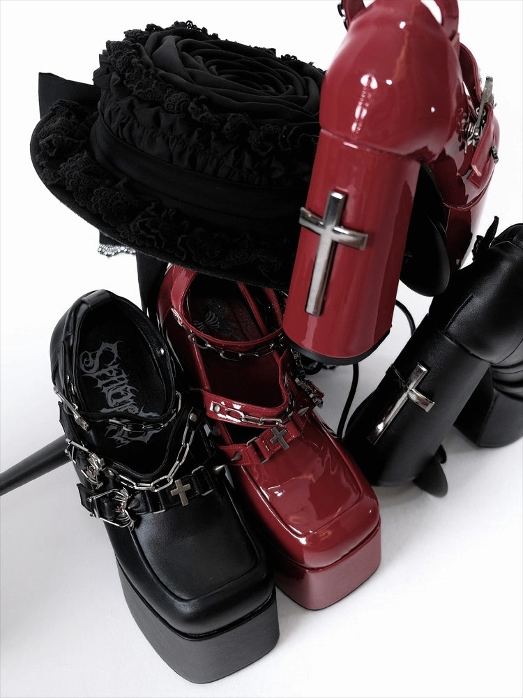 Toe Black Closure Mary Punk Heel with Ornate Coffin - Matte Square Bat Janes Motif Chunky Cross