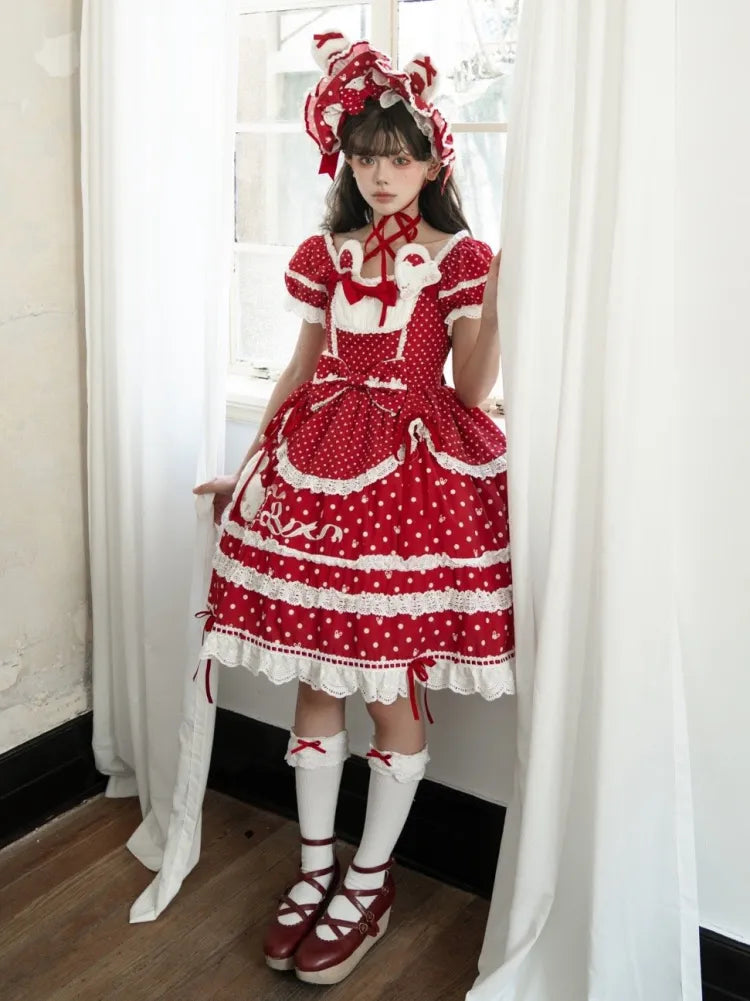 Red Pattern Neckline Plush Sweet Polka Dots Square Bunny Lolita Dress Ears